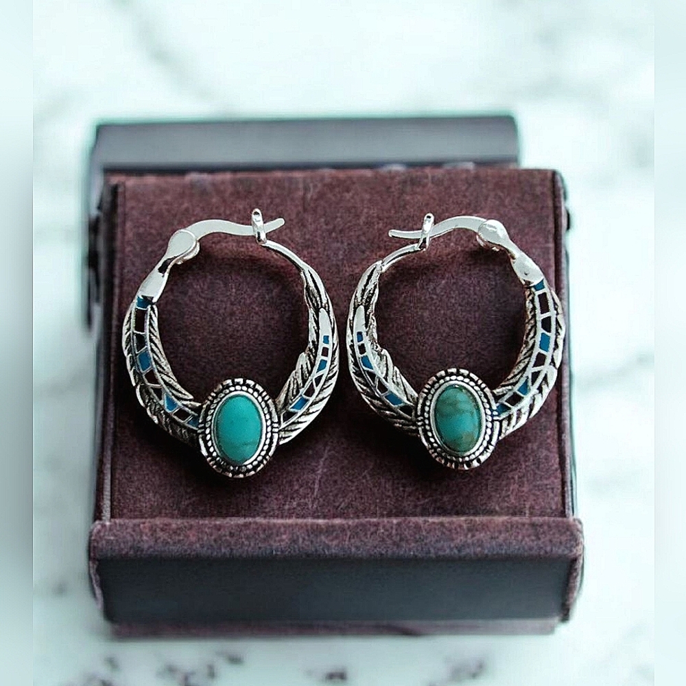 Sterling Silver & Faux Turquoise Bohemian Hoop Earrings NEW